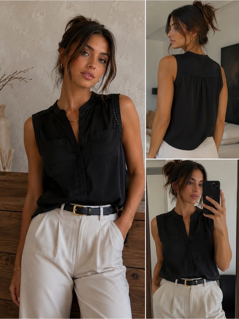Ann Taylor Black Sleeveless Blouse XS | Lace Trim Split Neck Career Office Top